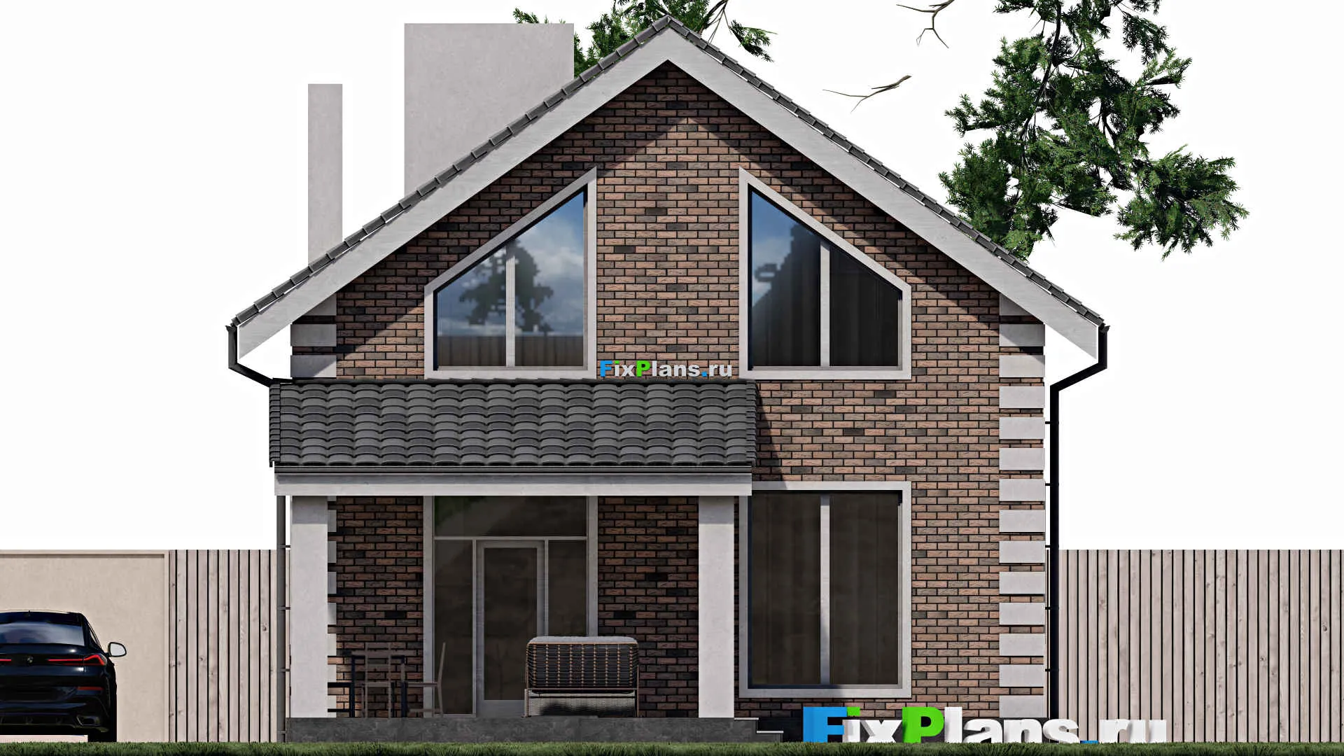 F-1196 - Проект дома с мансардой 9 на 9, площадью 120 м² с террасой и 2 спальнями