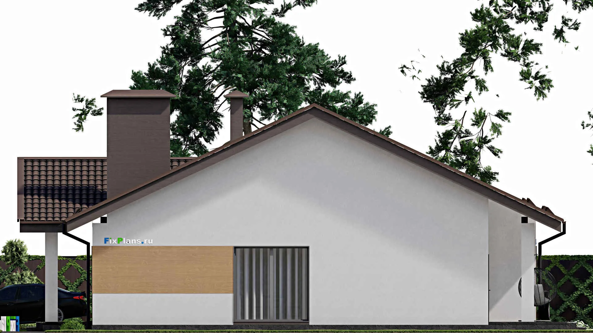 F-2933 - Проект одноэтажного дома 15 на 20, площадью 240 м² с террасой, гаражом на 1 машину и 4 спальнями