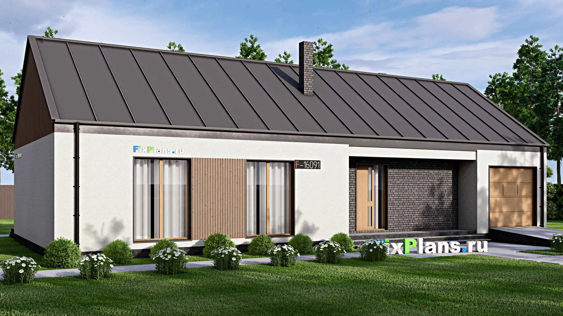 F-16091 - Проект одноэтажного дома 12 на 20, площадью 180 м² с террасой, гаражом на 1 машину и 3 спальнями