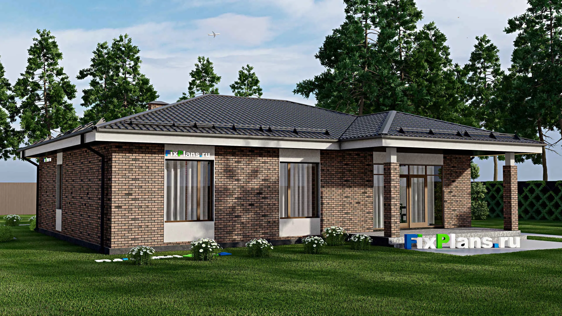 F-10097 - Проект одноэтажного дома 15 на 16, площадью 160 м² с террасой и 3 спальнями