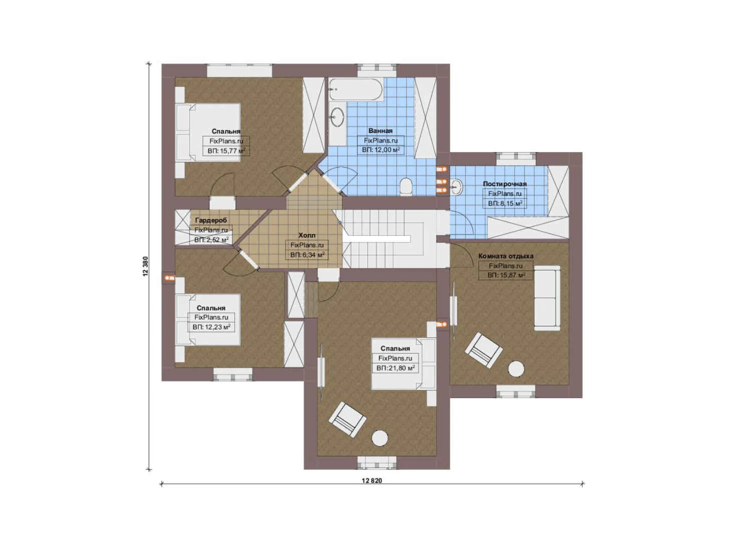 F-20186 - Планы двухэтажного дома 13 на 13, площадью 190 м² с гаражом на 1 машину и 3 спальнями