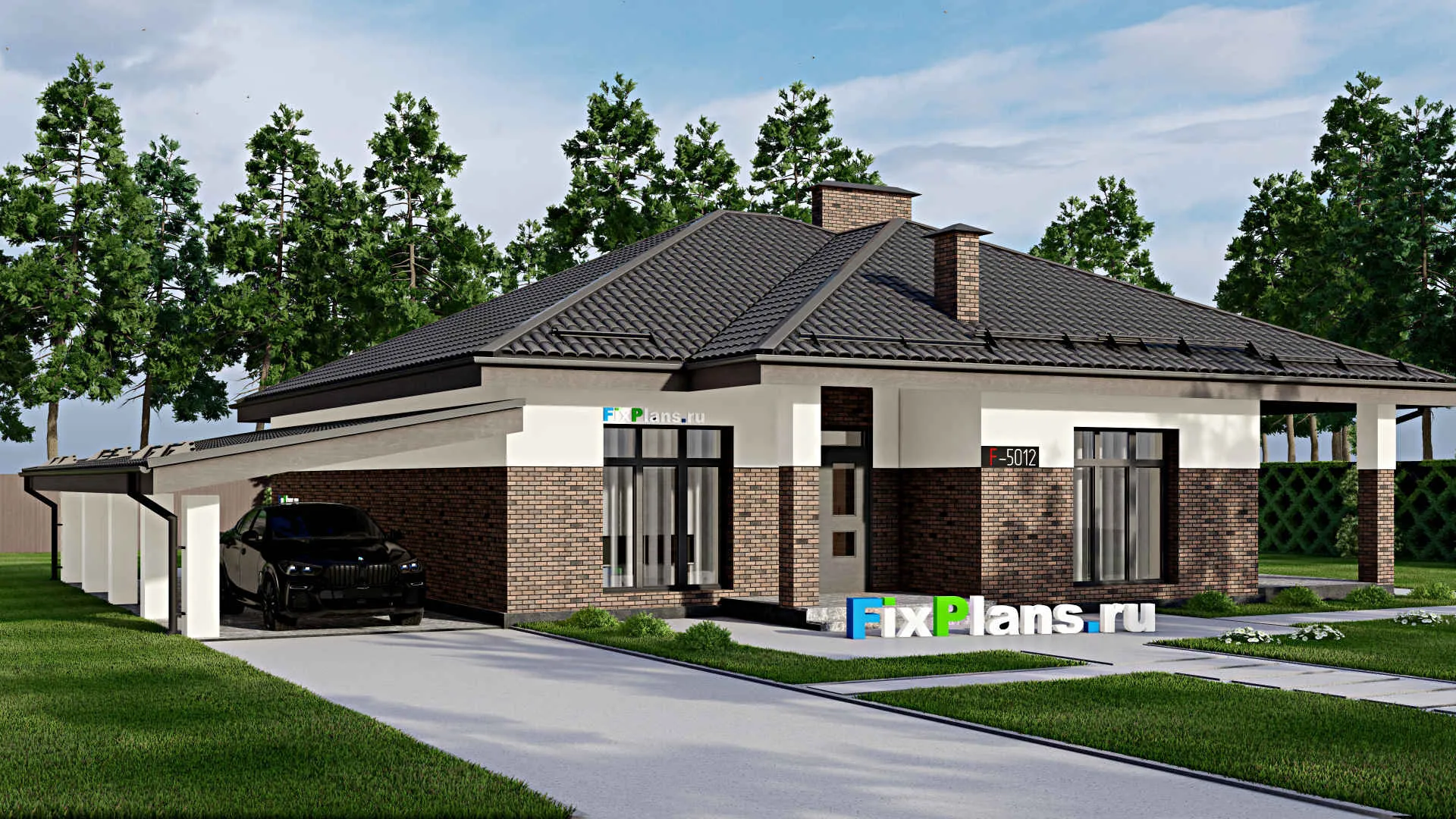 F-5012 - Проект одноэтажного дома 12 на 16, площадью 180 м² с террасой и 3 спальнями