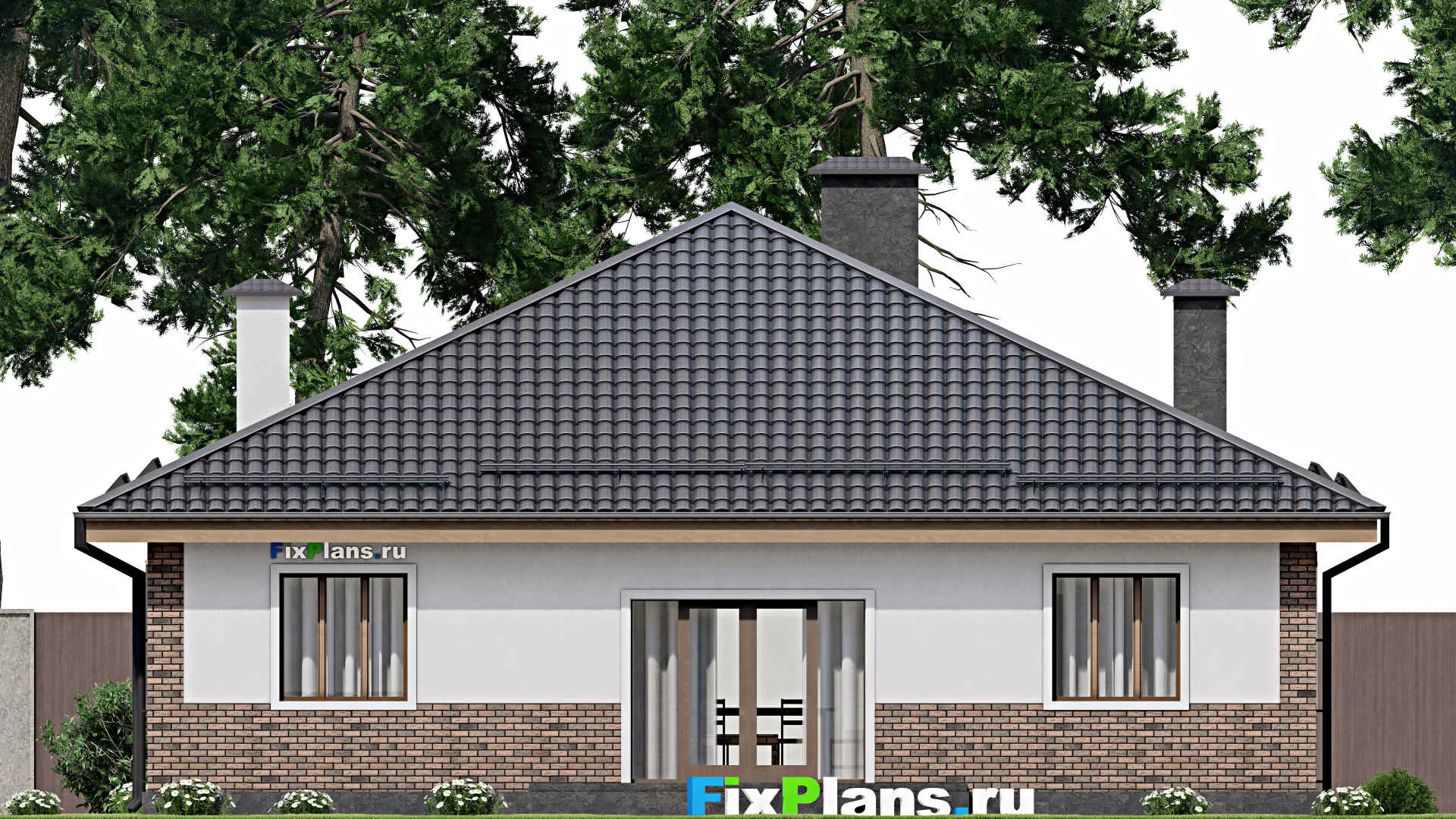 F-11096 - Проект одноэтажного дома 14 на 15, площадью 150 м² с террасой и 4 спальнями