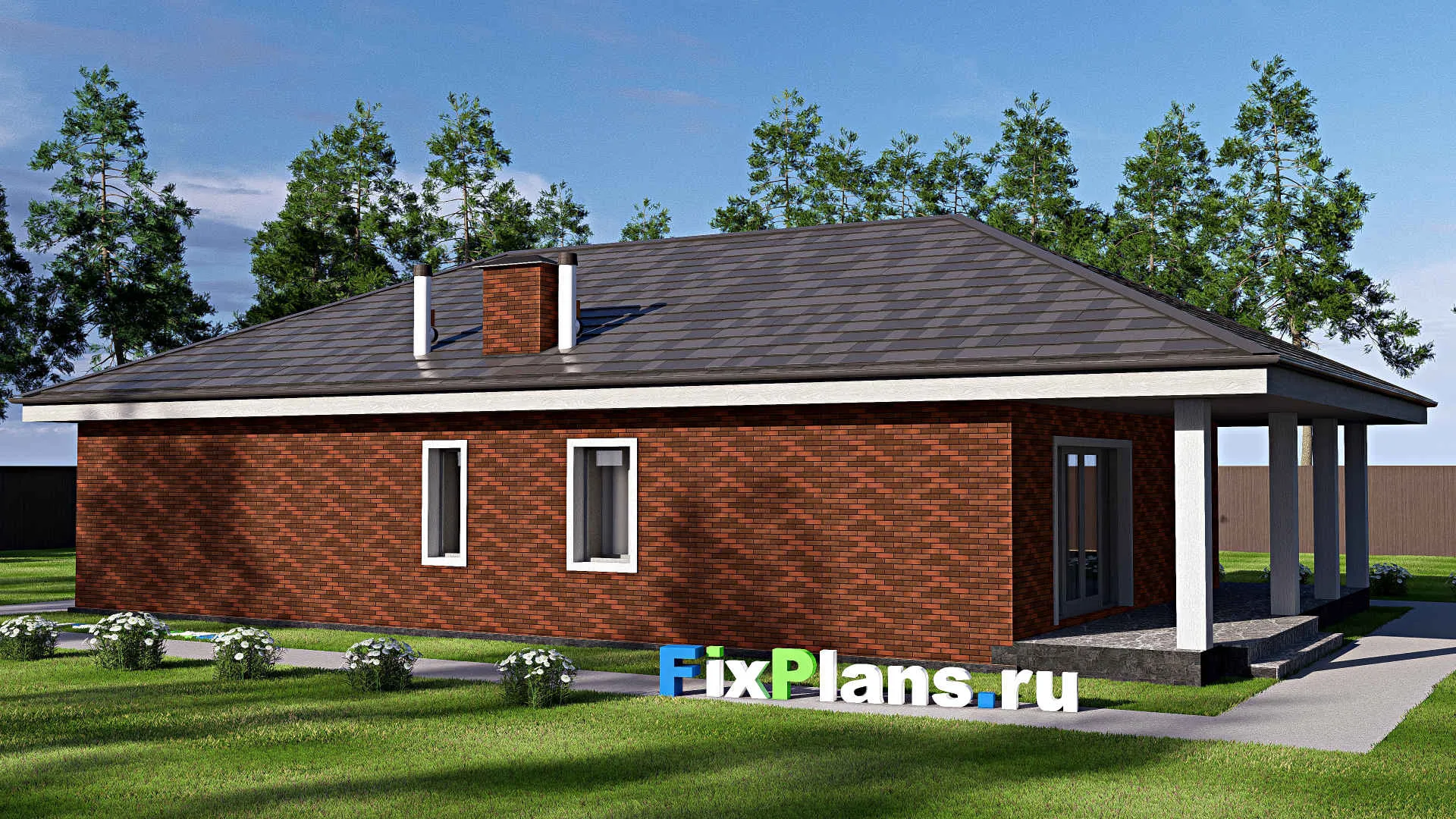 F-19439 - План одноэтажного дома 11 на 18, площадью 140 м² с террасой и 3 спальнями