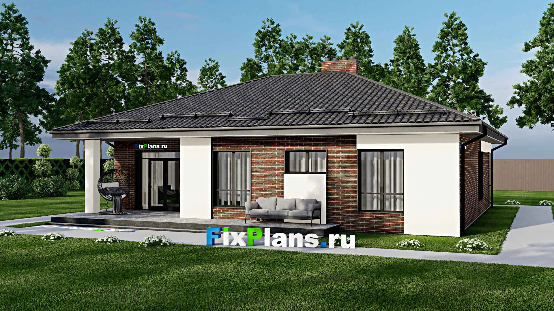 F-4886 - Проект одноэтажного дома 13 на 14, площадью 180 м² с террасой и 4 спальнями