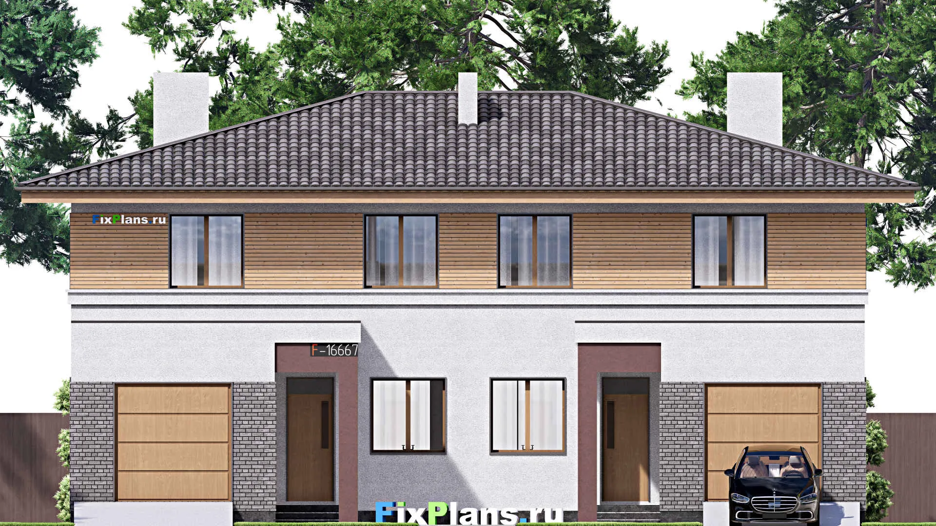 F-16667 - Проект двухэтажного дома 17 на 17, площадью 340 м² с балконом, гаражом на 2 машины и 6 спальнями