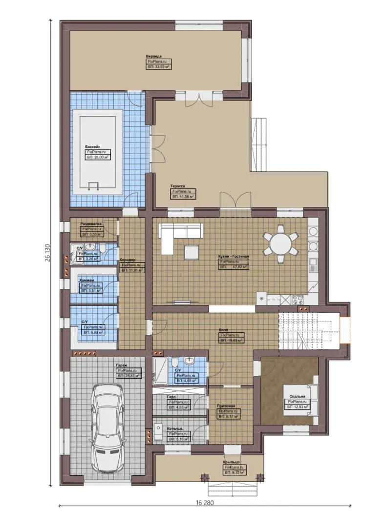 F-0431 - Планы двухэтажного дома 17 на 27, площадью 380 м² с террасой, гаражом на 1 машину, бассейном и 5 спальнями