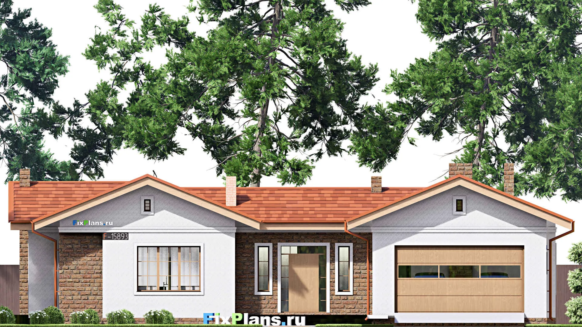 F-15893 - Проект одноэтажного дома 21 на 23, площадью 300 м² с террасой, гаражом на 1 машину и 3 спальнями