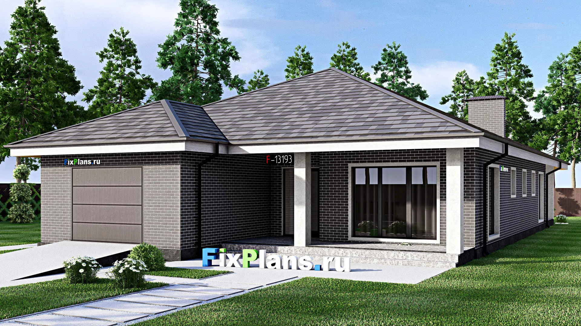 F-13193 - Проект одноэтажного дома 14 на 25, площадью 260 м² с террасой, гаражом на 2 машины и 3 спальнями