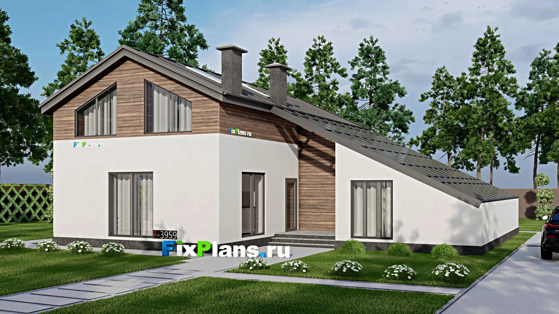 F-3959 - Проект дома с мансардой 14 на 17, площадью 190 м² с баней, бассейном и 1 спальнями