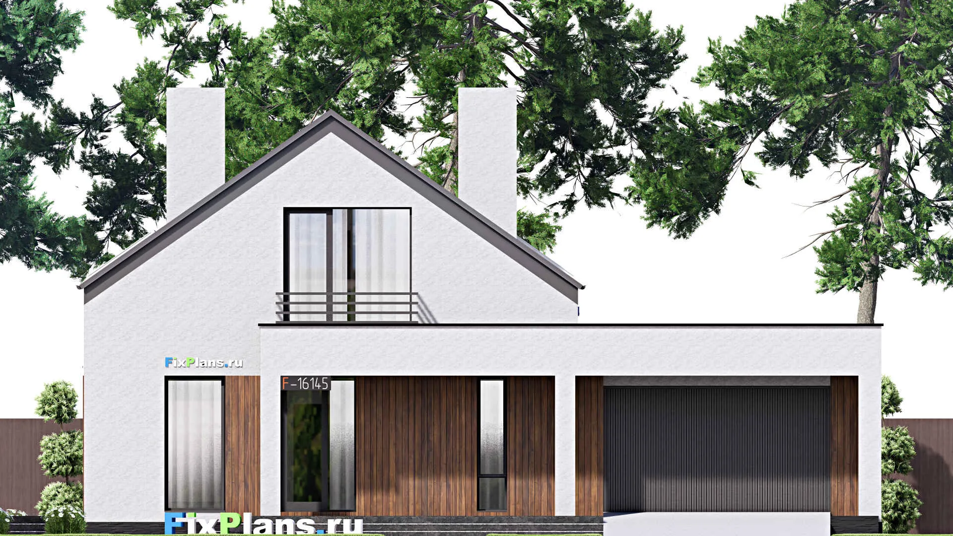 F-16145 - Проект дома с мансардой 16 на 18, площадью 290 м² с террасой, балконом, гаражом на 1 машину и 4 спальнями