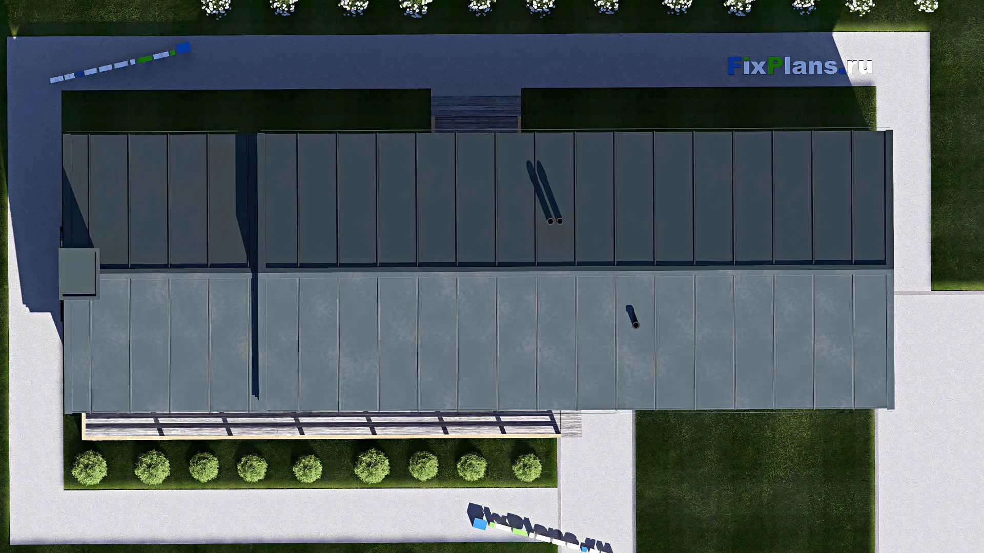 F-20681 - Проект одноэтажного дома 9 на 23, площадью 150 м² с террасой и 1 спальнями