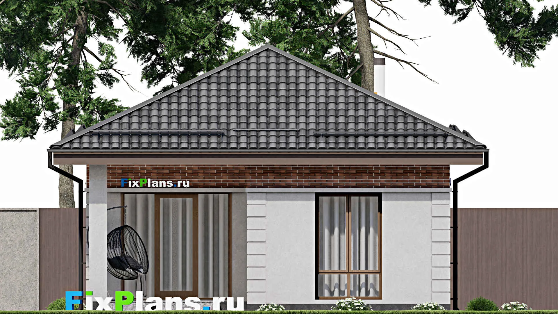 F-7388 - Проект одноэтажного дома 9 на 15, площадью 100 м² с террасой и 2 спальнями