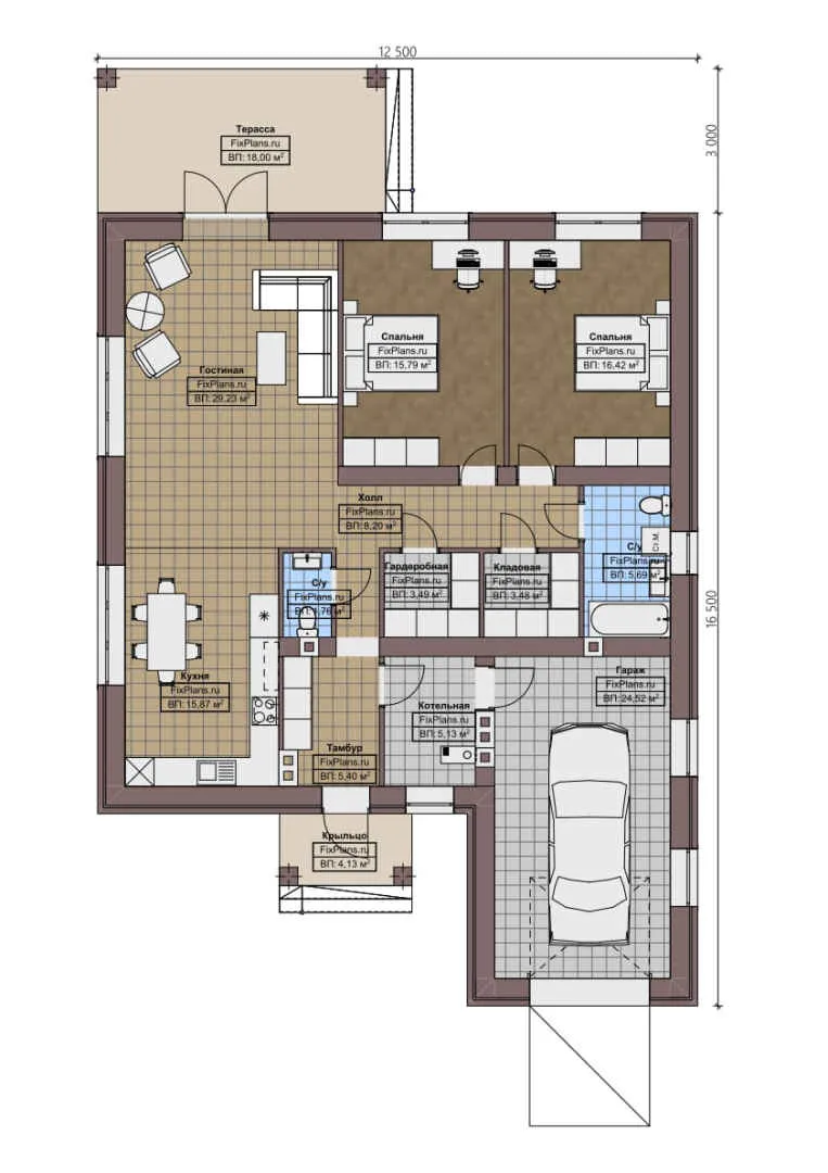 F-1718 - План одноэтажного дома 13 на 17, площадью 160 м² с террасой, гаражом на 1 машину и 2 спальнями