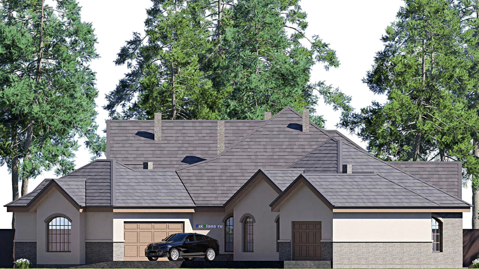 F-17216 - Проект одноэтажного дома 26 на 35, площадью 460 м² с террасой, гаражом на 2 машины и 3 спальнями