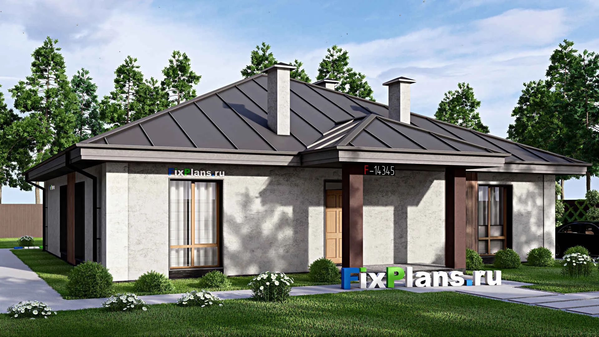 F-14345 - Проект одноэтажного дома 16 на 17, площадью 190 м² с террасой и 4 спальнями