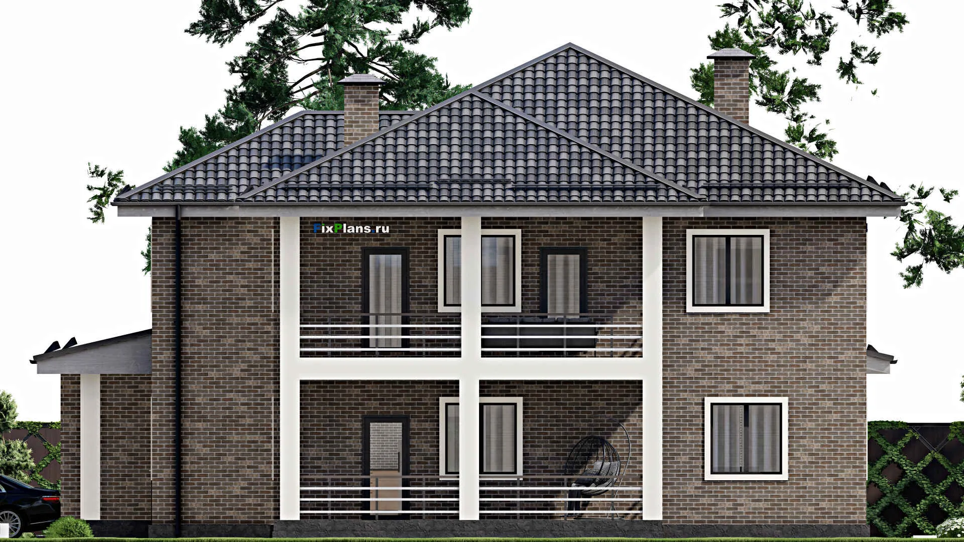 F-6461 - Проект двухэтажного дома 17 на 18, площадью 370 м² с террасой, балконом, баней, гаражом на 1 машину, бассейном и 4 спальнями