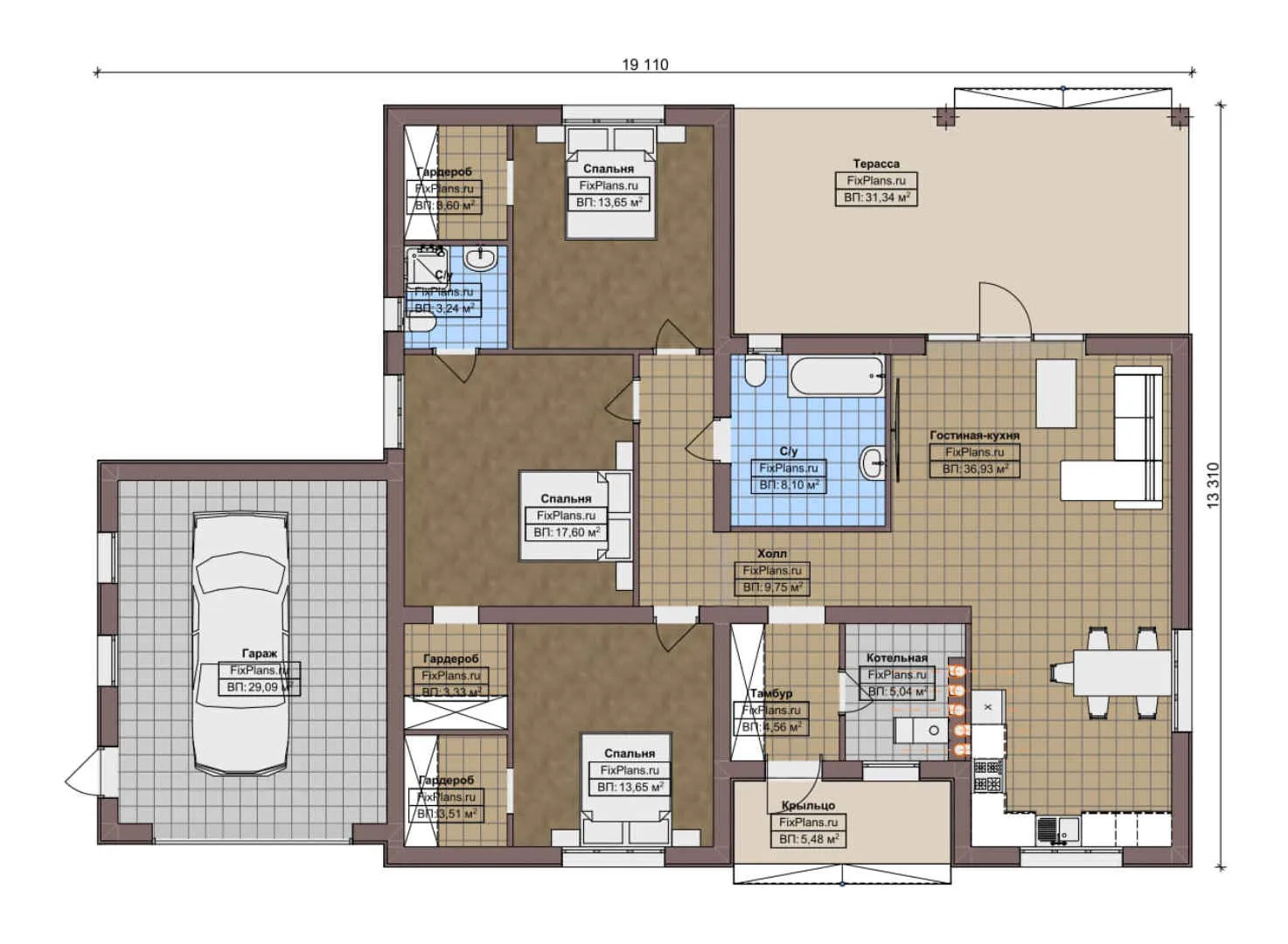 F-7793 - План одноэтажного дома 14 на 20, площадью 190 м² с террасой, гаражом на 1 машину и 3 спальнями