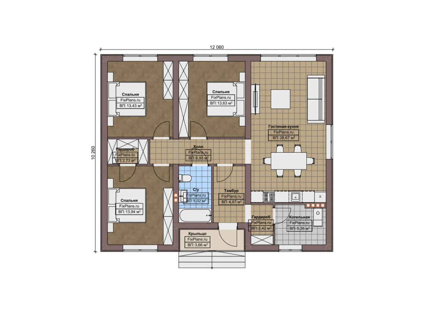F-10871 - План одноэтажного дома 11 на 13, площадью 110 м² с 3 спальнями