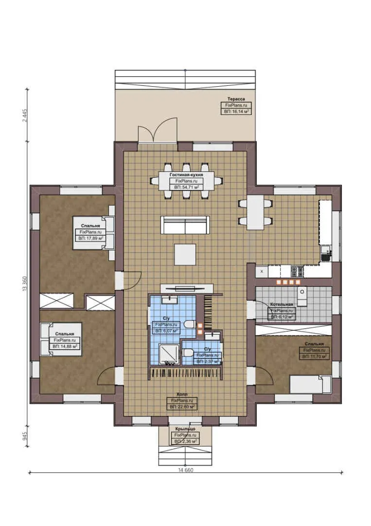 F-2744 - План одноэтажного дома 14 на 15, площадью 160 м² с террасой и 3 спальнями