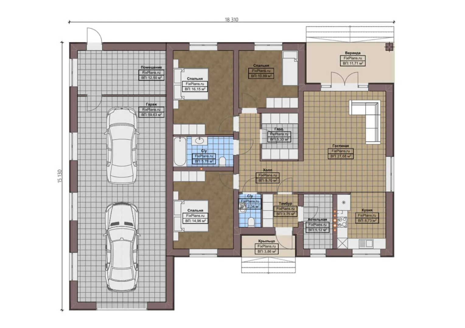 F-0242 - План одноэтажного дома 16 на 19, площадью 200 м² с террасой, гаражом на 2 машины и 3 спальнями